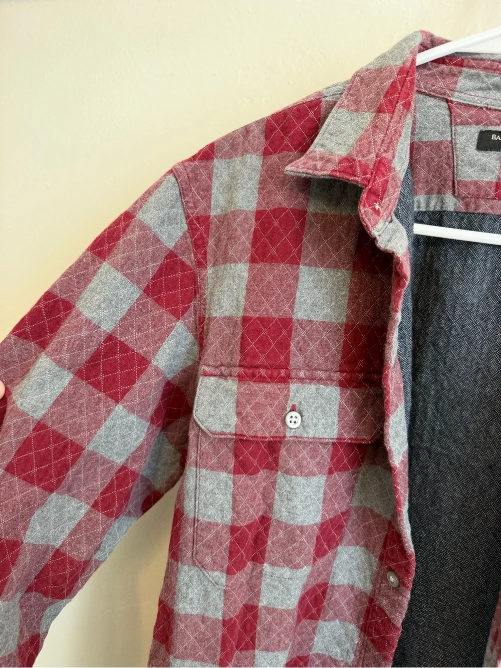 Banana Republic Quilted Red & Gray Plaid Long-Sleeve Shirt Large Tall Slim Fit